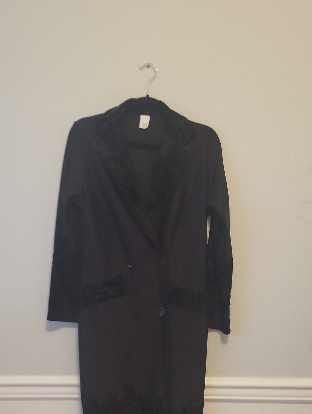 Black Long Womens Coat with Lace Trim